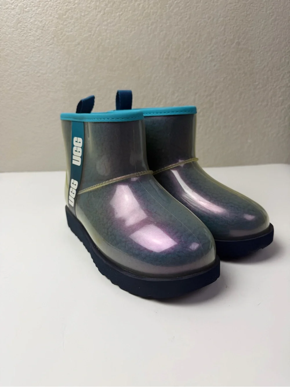 UGG Kids Iridescent Teal-Trim Waterproof Rain Boots